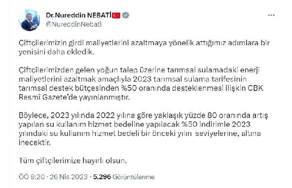 Bakan Nebati: Çiftçilerin su kullanım hizmet bedeli önceki yıl seviyelerine inecek
