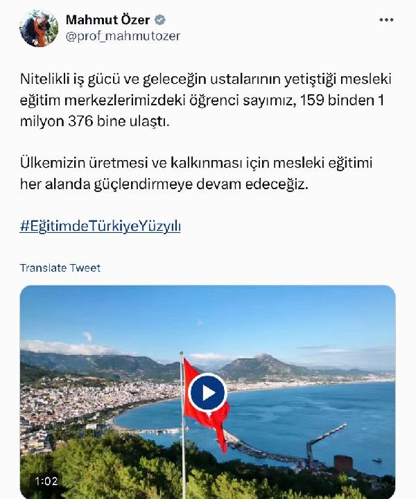 Bakan Özer: Mesleki eğitim merkezlerindeki öğrenci sayısı 1 milyon 376 bine ulaştı