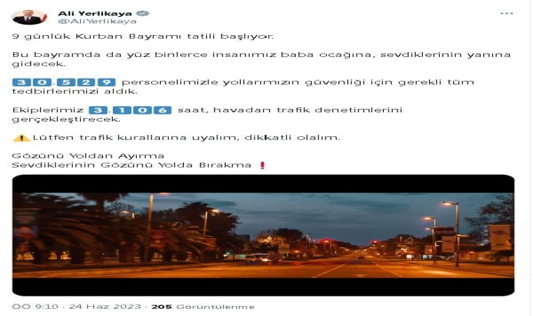 Bakan Yerlikaya: 30 bin 592 personelimizle yol güvenliği için tedbir aldık