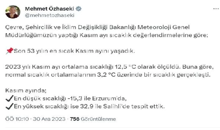 Bakan Özhaseki: Son 53 yılın en sıcak kasım ayını yaşadık