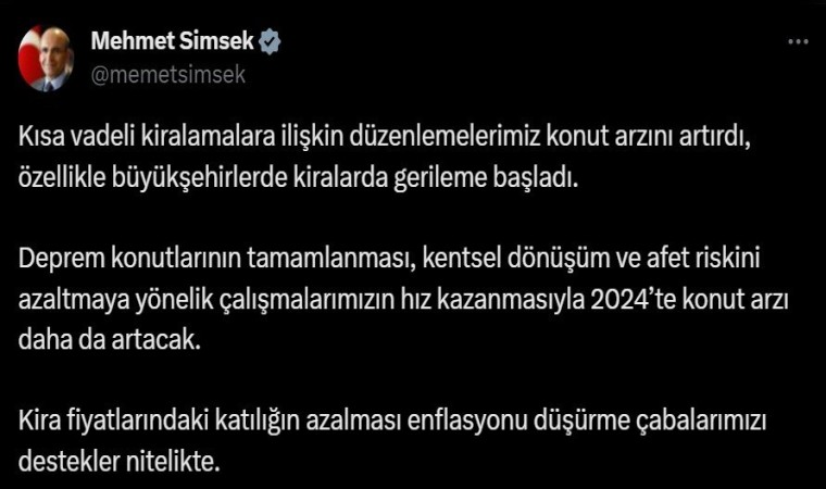 Bakan Şimşek: “Kira fiyatlarının azalması enflasyonu düşürme çabalarımızı destekliyor”