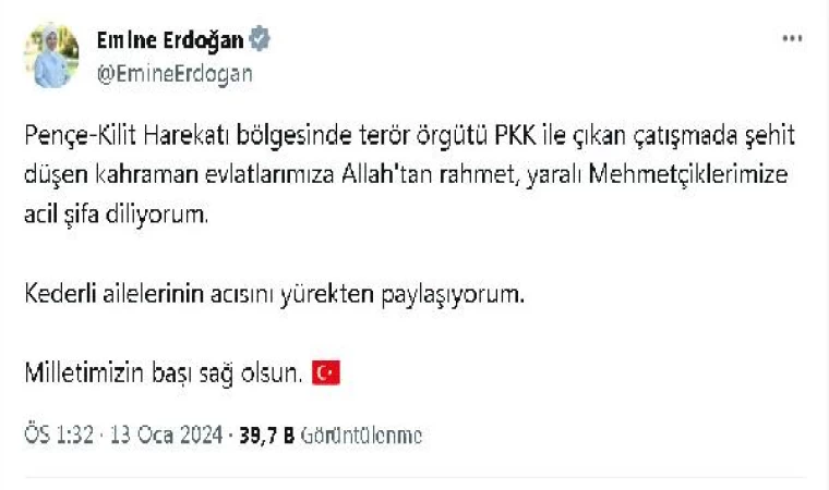 Emine Erdoğan’dan şehitler için başsağlığı mesajı 