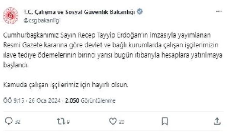 Kamu işçilerinin ilave tediye ödemeleri başladı