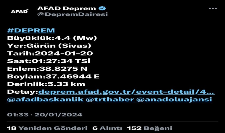 Sivasta 4.4 büyüklüğünde deprem