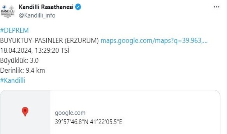 Erzurumun Pasinler ilçesinde 3,0 büyüklüğünde deprem