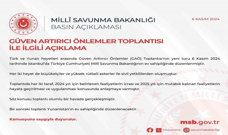 MSB: Yunanistan ile Güven Artırıcı Önlemler Toplantısı olumlu bir havada gerçekleşmiştir