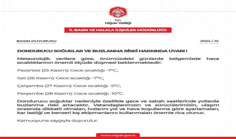 Niğde Valiliğinden Buzlanma Uyarısı