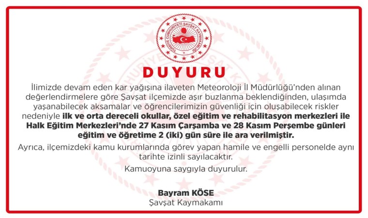 Şavşatta eğitime kar tatili: 2 gün ara verildi