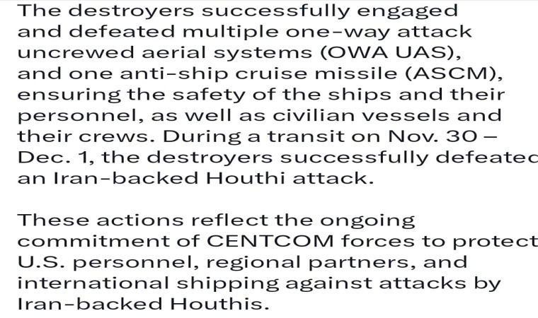 ABD ordusu: “Aden Körfezinden geçen gemilerimize yönelik Husi saldırıları önlendi”