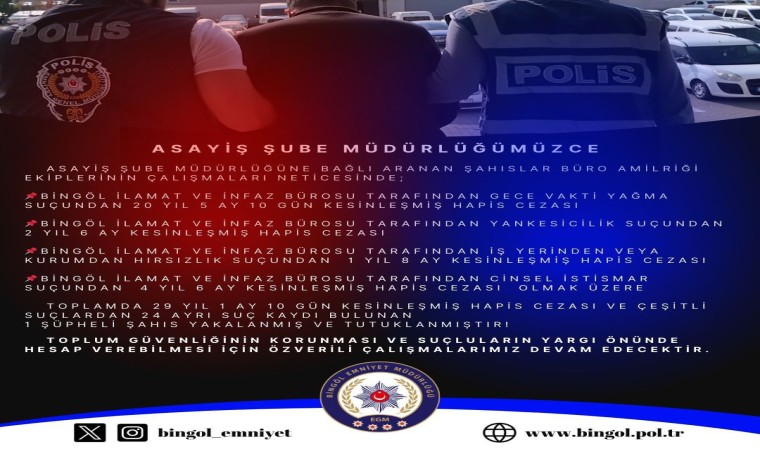 Bingölde 29 yıl kesinleşmiş hapis cezası bulunan şahıs yakalandı