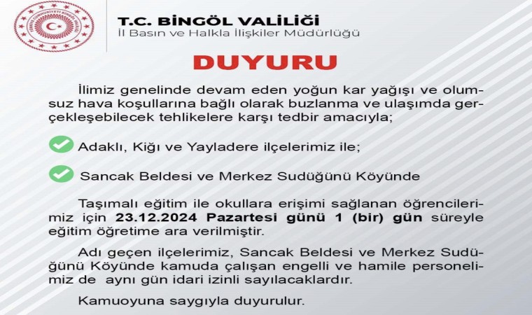 Bingölün üç ilçesinde taşımalı eğitime 1 gün ara verildi