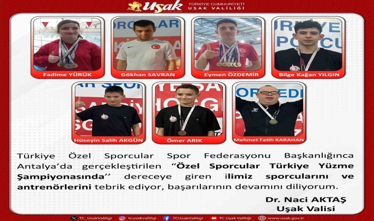 Vali Aktaştan Uşaklı sporculara tebrik