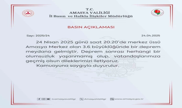 Amasya Valiliğinden deprem sonrası açıklama: ”Depremde bir olumsuzluk yaşanmamıştır”