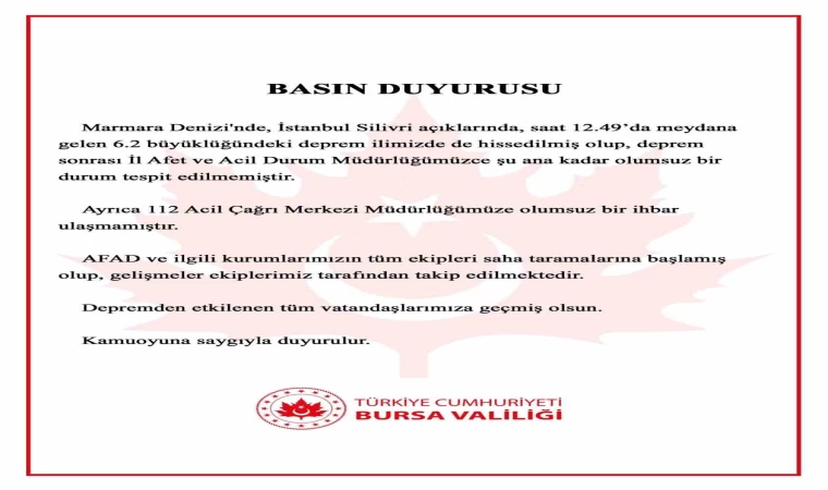 Depremle ilgili Bursa Valiliği’nden açıklama