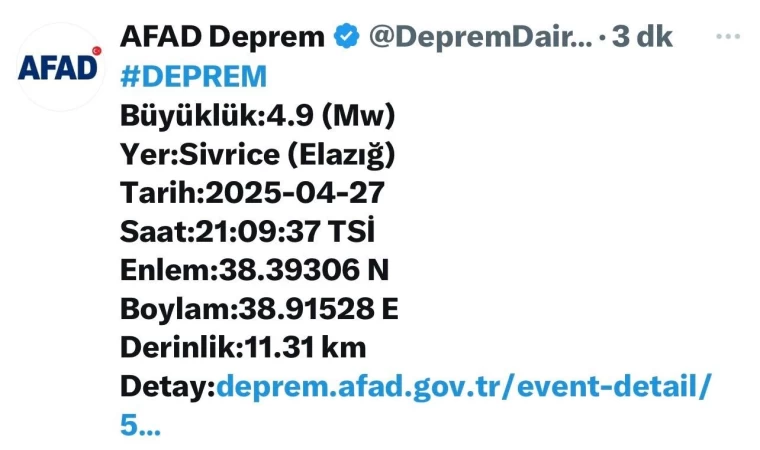Elazığ’da 4,9 büyüklüğünde deprem