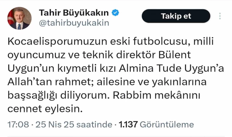 Kocaelispor Kulübü ve Tahir Büyükakın’dan Bülent Uygun’a başsağlığı mesajı