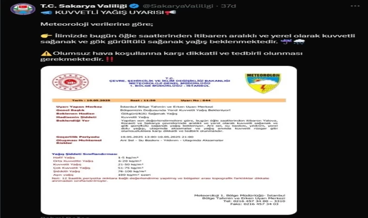 Sakarya’da kuvvetli yağış uyarısı