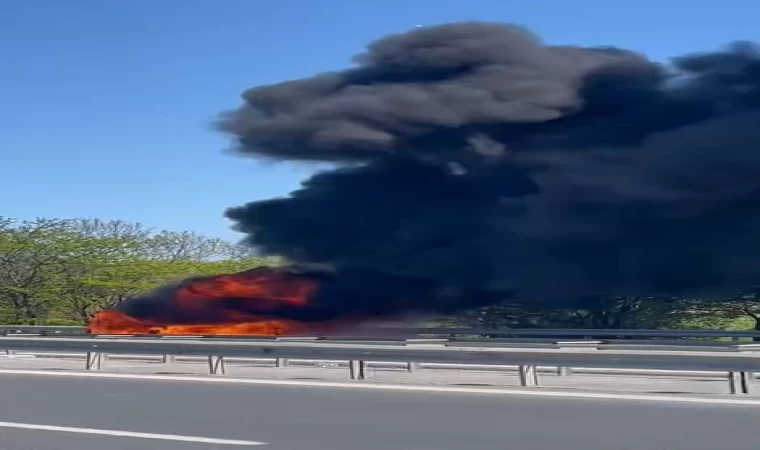 TEM Otoyolu’nda bir otomobil alev alev yandı