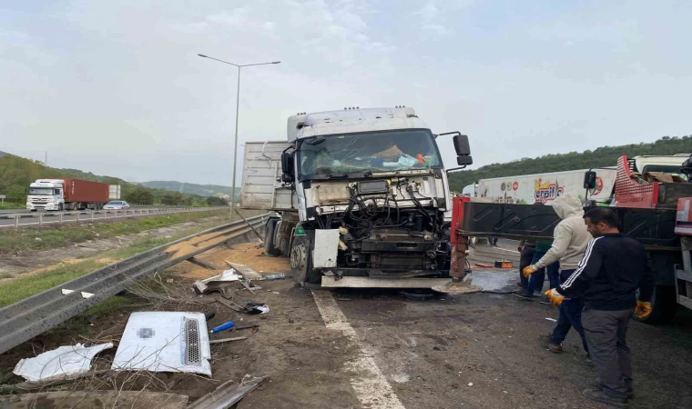 TEM’de sürücüsünün uyuduğu iddia edilen buğday yüklü tır devrildi