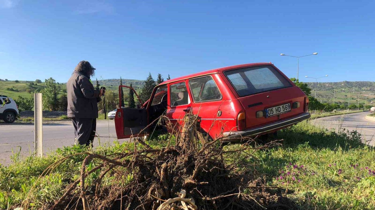 Kontrolden çıkan otomobil çarptığı ağacı kökünden söktü