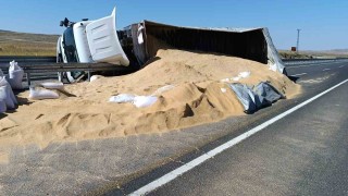 Tır devrildi tonlarca mısır kepeği yola savruldu: 2 yaralı