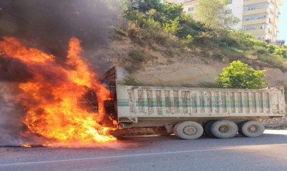Seyir halindeki tır, alev alev yandı