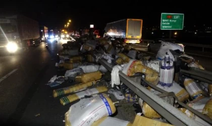 TEM’de TIR’ın yükü yola saçılıp, aydınlatma direğini devirdi: 3 yaralı