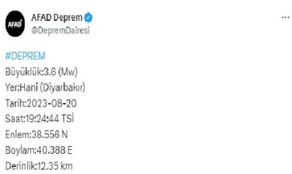 Diyarbakır’da 3.6 büyüklüğünde deprem