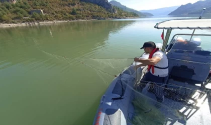 Baraj gölüne serilen sahipsiz ağa takılan 200 kilo canlı balık kurtarılarak suya bırakıldı