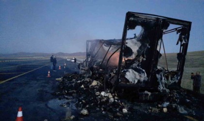 Karsta hareket halindeki kamyon yandı