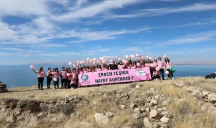 Tarihi kalenin zirvesinde zumba ve yoga yapıp, meme kanseri farkındalığı için pembe balon uçurdular
