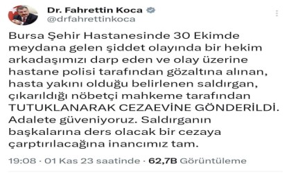 Sağlık Bakanı Koca: Bursada hekimi darbeden kişi tutuklandı
