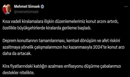 Bakan Şimşek: “Kira fiyatlarının azalması enflasyonu düşürme çabalarımızı destekliyor”
