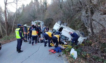Köy yolunda virajı alamayan hafif ticari araç takla attı
