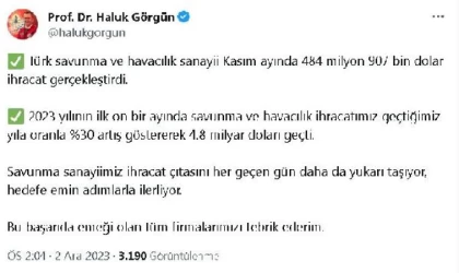 Savunma ve havacılık sanayisi, kasımda 484 milyon 907 bin dolar ihracat yaptı