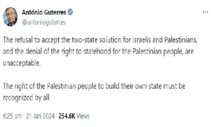 Guterres: Filistin halkının devlet kurma hakkı herkes tarafından tanınmalıdır 