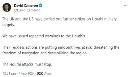 İngiltere Dışişleri Bakanı Cameron: Husileri defalarca uyardık