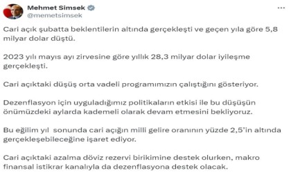 Bakan Şimşek: “Cari açıktaki düşüş orta vadeli programımızın çalıştığını gösteriyor”