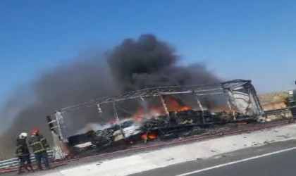 Seyir halindeki tırın dorsesi alev alev yandı