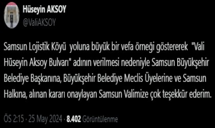 İsmi Samsunda bulvara verilen Vali Aksoydan teşekkür mesajı