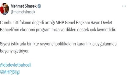Bakan Şimşek: MHP Genel Başkanı Bahçelinin ekonomi programımıza verdikleri destek çok kıymetlidir
