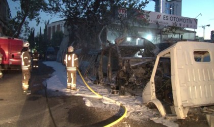 Kartalda park halindeki iki araç alev alev yandı
