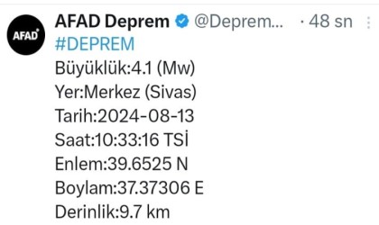 Sivasta 4.1 büyüklüğünde deprem