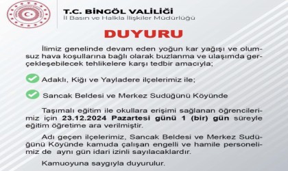 Bingölün üç ilçesinde taşımalı eğitime 1 gün ara verildi