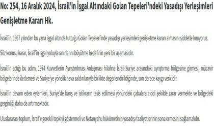 Dışişleri Bakanlığı: “İsrailin Golan Tepelerinde yasa dışı yerleşimleri genişletme kararı almasını şiddetle kınıyoruz”