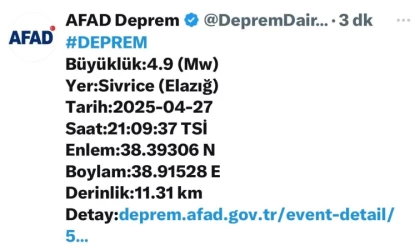Elazığ’da 4,9 büyüklüğünde deprem