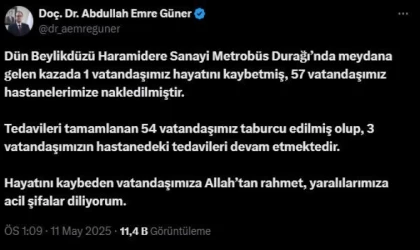 İl Sağlık Müdürü Güner: ”Metrobüs kazasında 1 vatandaşımız hayatını kaybetti, 57 vatandaşımız yaralandı”