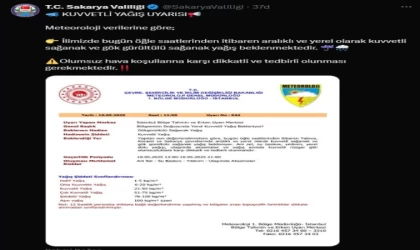 Sakarya’da kuvvetli yağış uyarısı