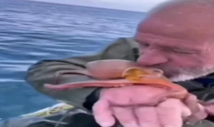 Yakaladığı ahtapotu öpüp sevdi, denize bıraktı